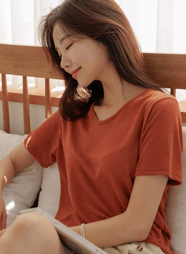 リネンミックスVネックカラーTシャツ 韓国