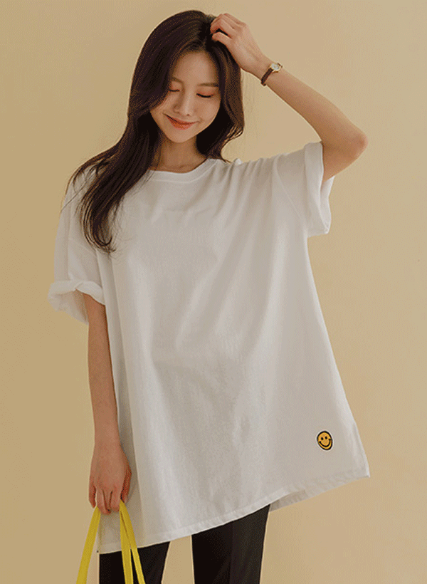 ハッピー スマイリー刺繍 半袖Tシャツ(縞模様/無地) 韓国