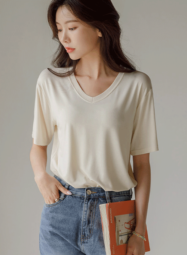 [J-BASIC] ジェット 滑らかな 半袖Tシャツ (ラウンド/Vネック) 韓国